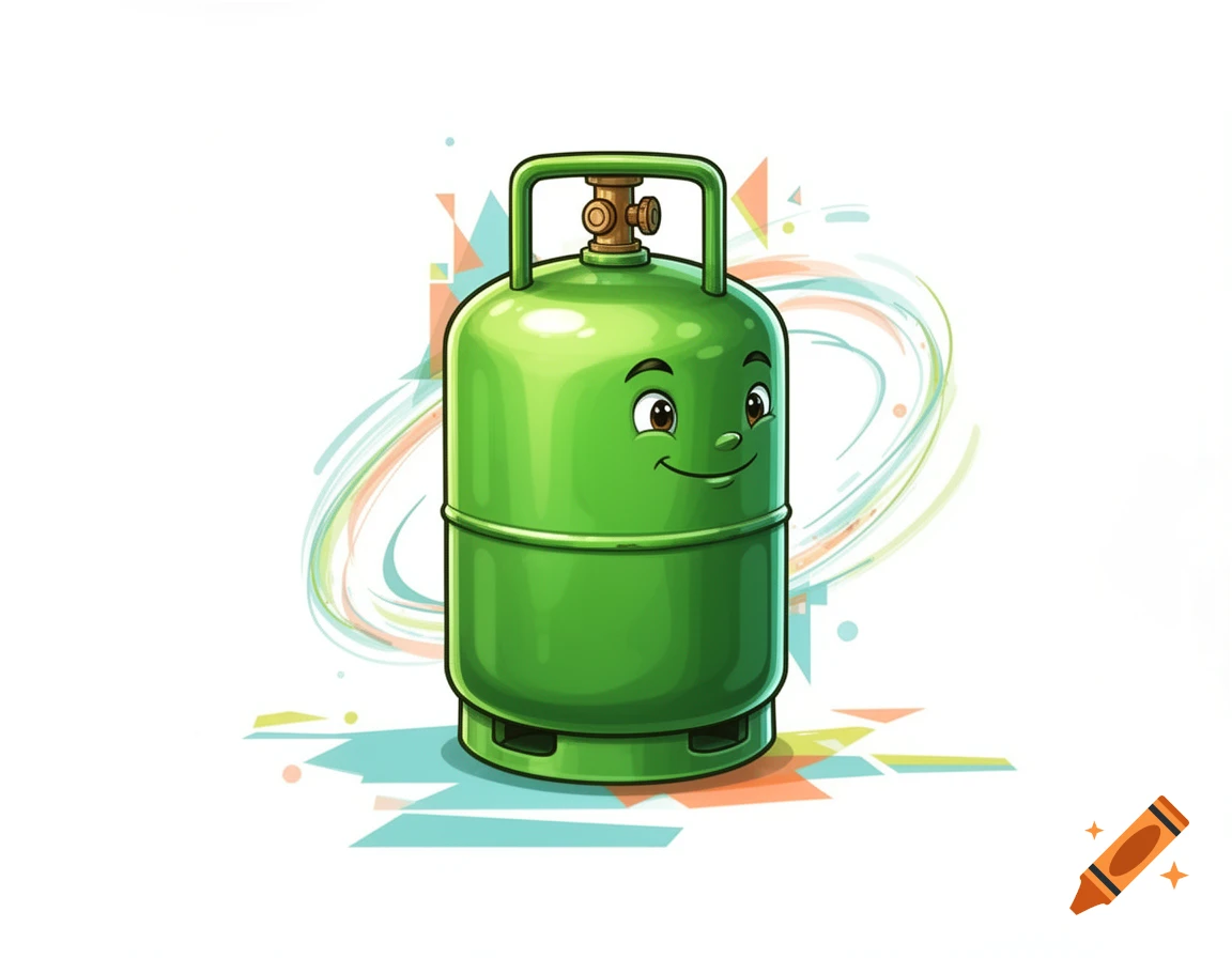 A cheerful green cartoon gas tank with a smiling face, on a white background with abstract colorful swirls.