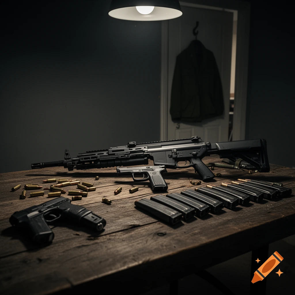 An assault rifle, two handguns, ammunition, and magazines are displayed on a dark wooden table under a single overhead light. A coat hangs on a hook in the background.