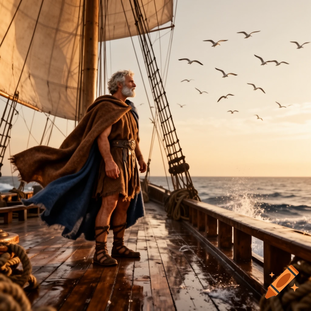 A grizzled man in ancient robes stands on a wooden sailing ship, looking out at the calm ocean with seagulls flying above at sunset.