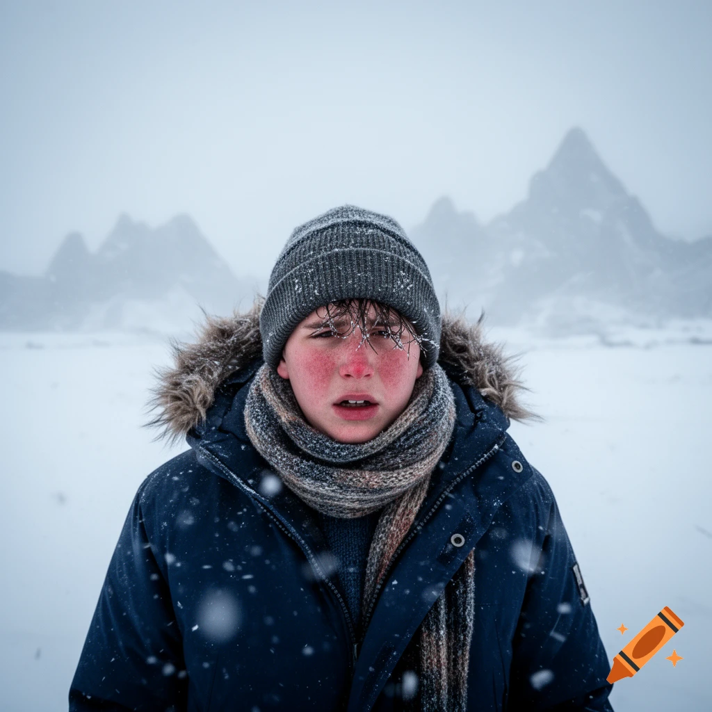 A young boy with a red face and a gray beanie, scarf, and blue winter coat stands in a snowy blizzard with mountains in the background.