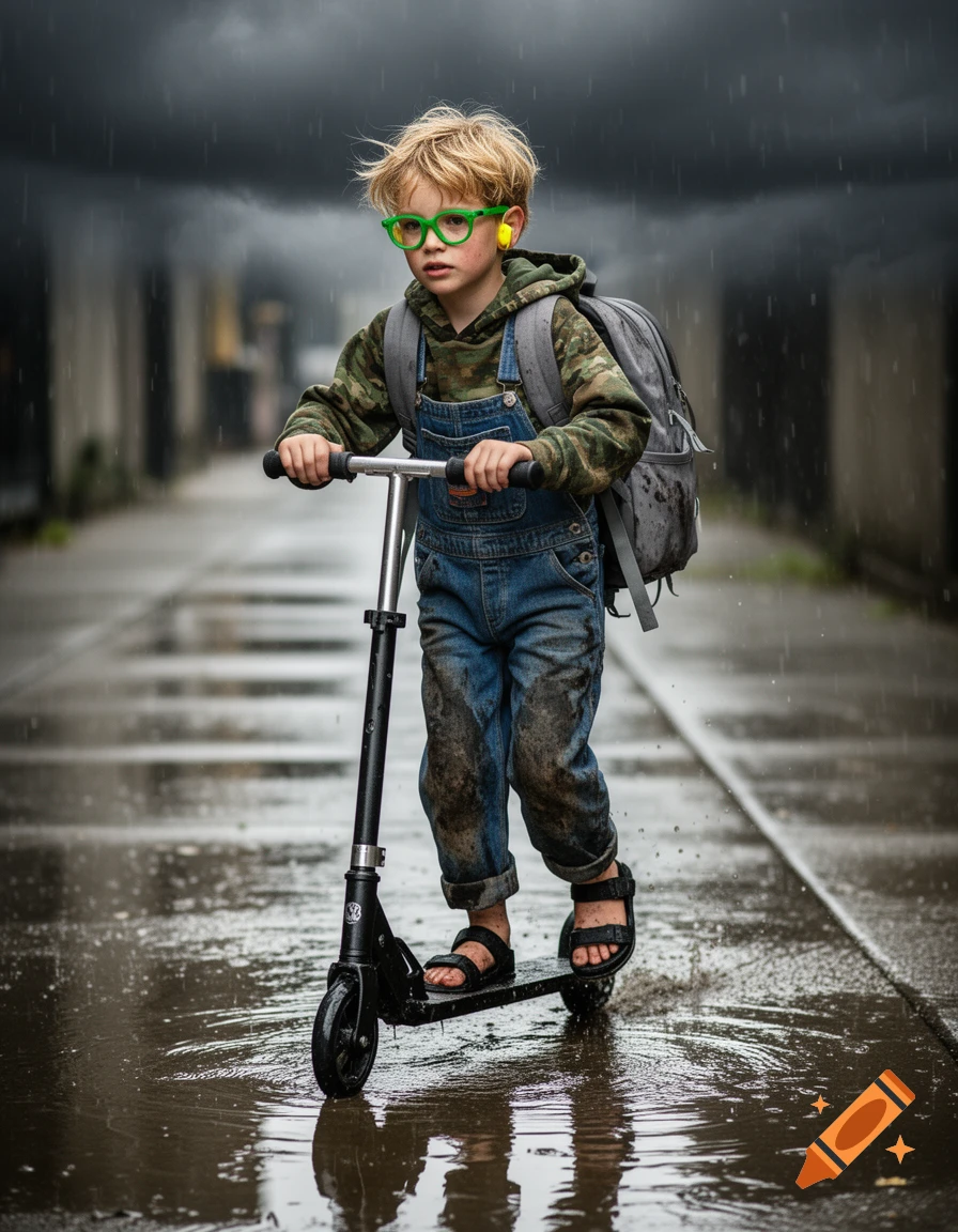 Photorealistic portrait of a blond preteen boy in green glasses and dirty dungarees, riding a scooter in the rain with puddles.