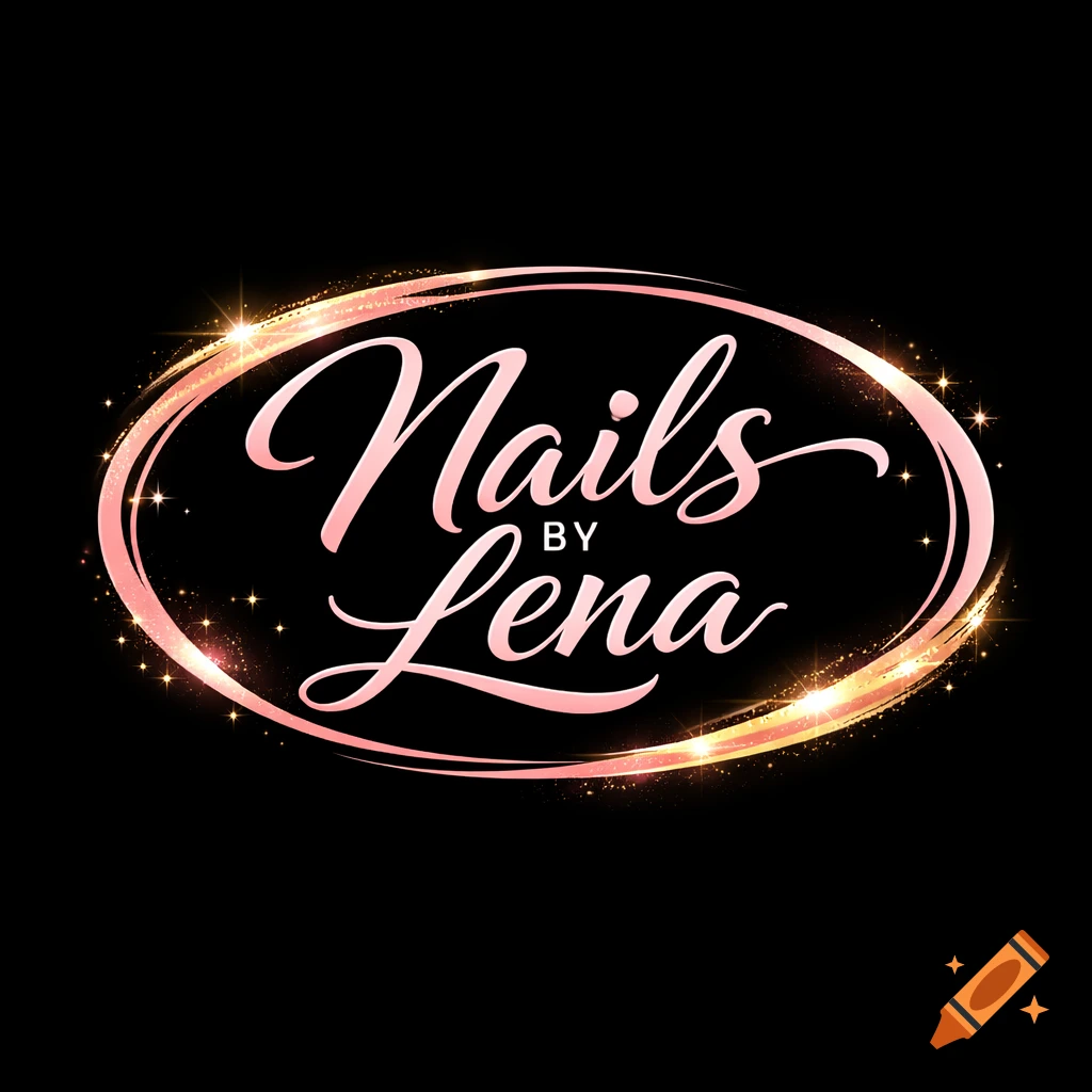A glittery rose gold oval logo with the words "Nails BY Lena" in a pink script font, on a black background.