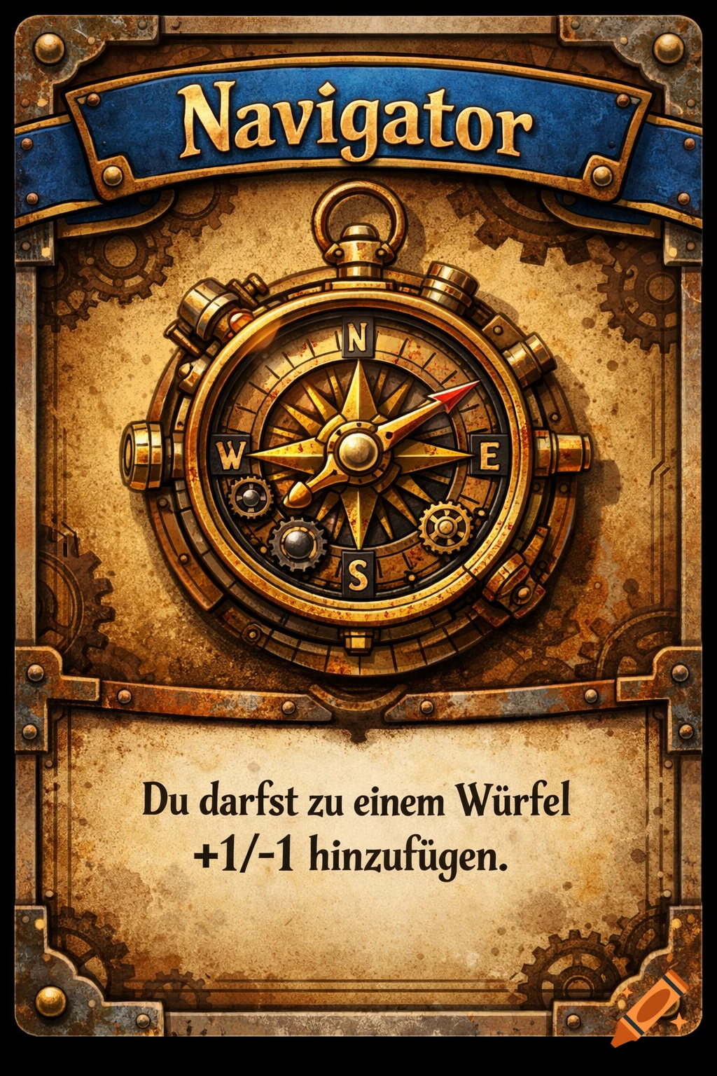 A steampunk-style game card featuring a detailed golden compass and the title 'Navigator' on a blue banner.