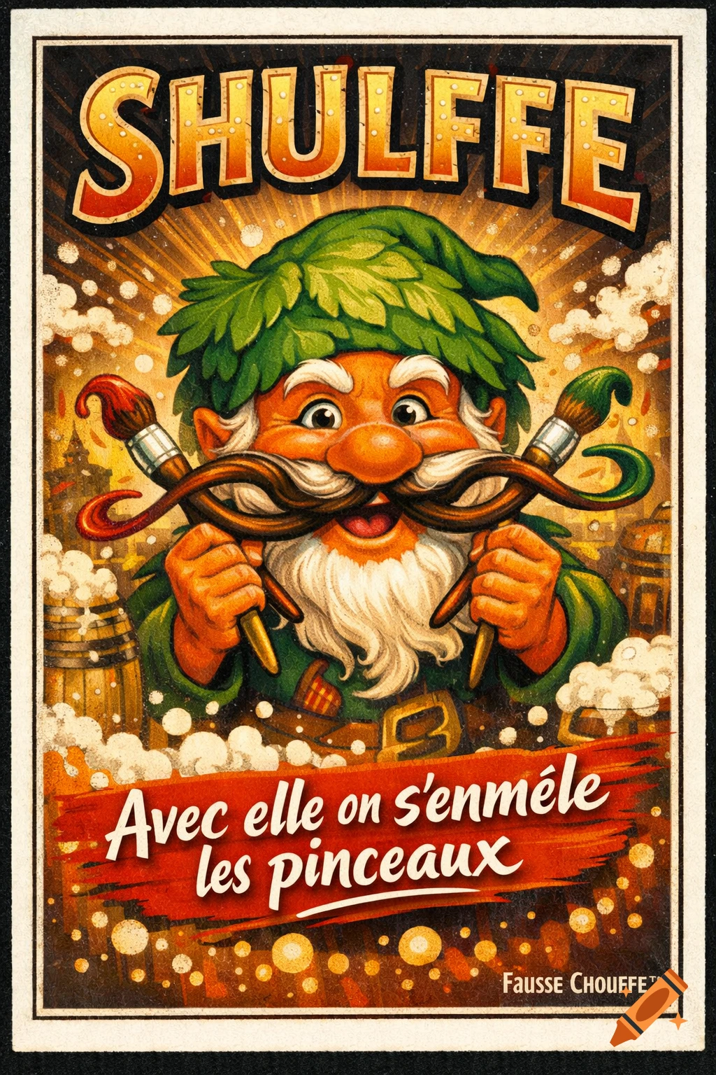 A colorful vintage cartoon poster features an orange gnome in a leaf hat and exaggerated mustache holding paintbrushes, with text "SHULFFE".