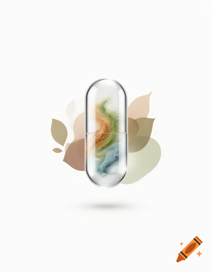 A clear capsule filled with swirling earthy-toned powders, backed by abstract organic leaves on a white background.
