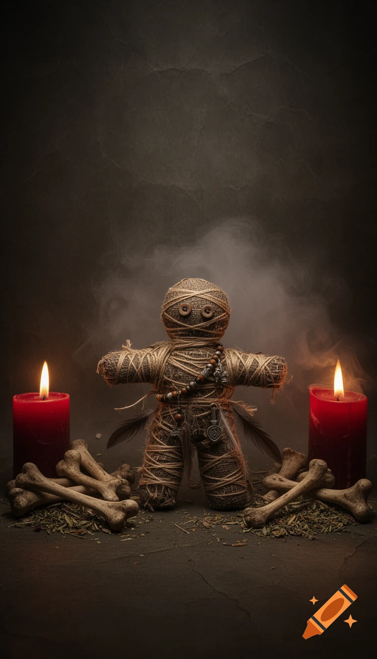 A voodoo doll made of twine, adorned with beads and feathers, flanked by lit red candles and piles of bones, on a dark, smoky background.