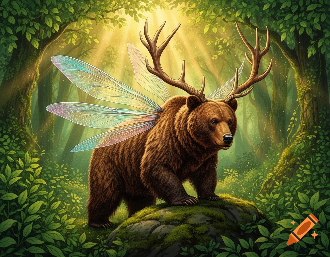 A detailed fantasy illustration of a brown bear with large deer antlers and iridescent fairy wings, standing on a mossy rock in a sunlit green forest.