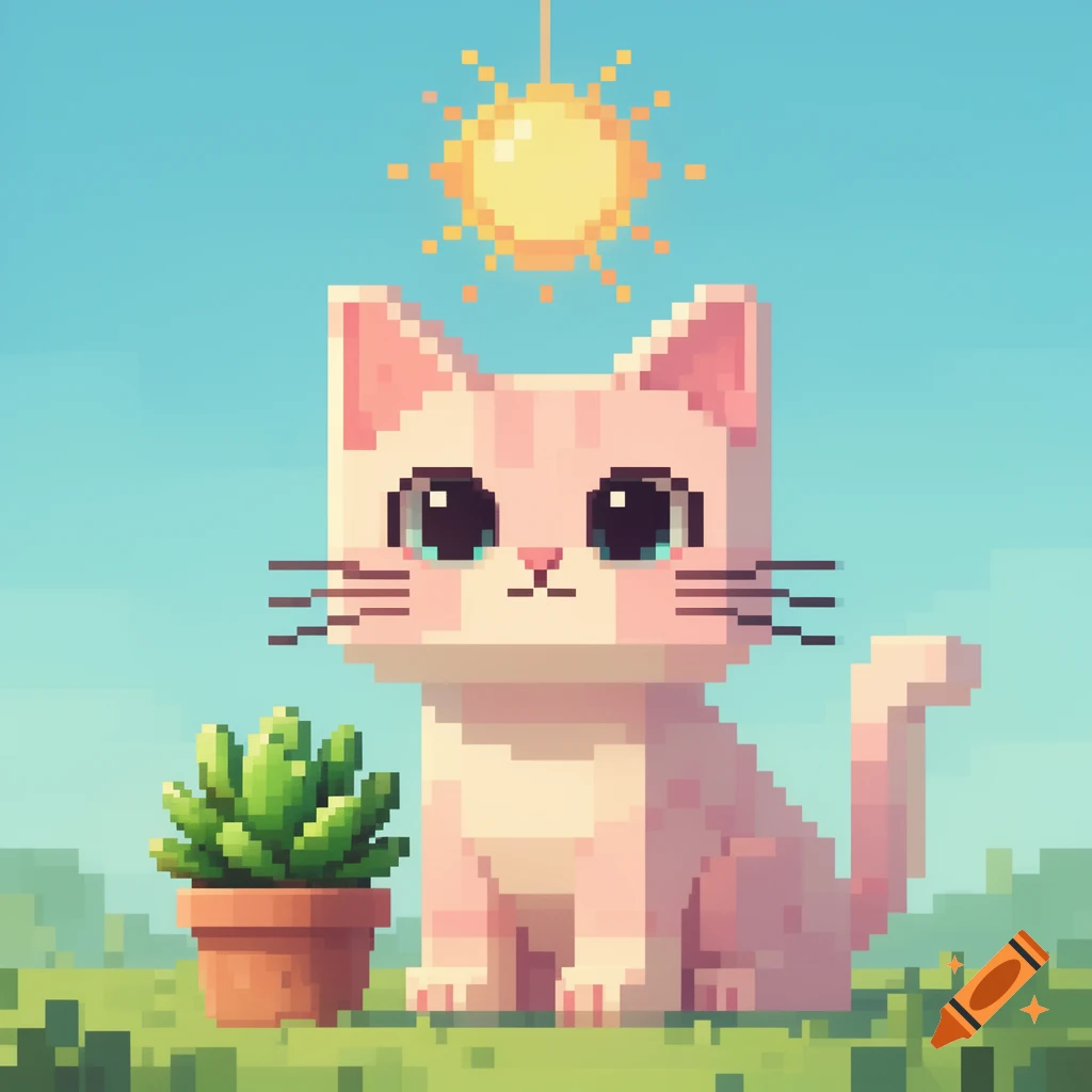 A cute, pink pixel art cat with large eyes sits next to a potted ...