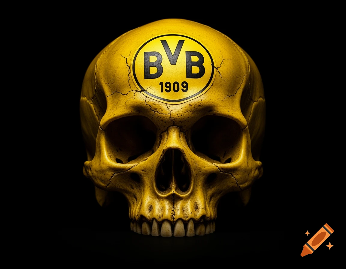 A yellow human skull with cracks, featuring the black and yellow Borussia Dortmund "BVB 1909" logo on its forehead, set against a dark background.