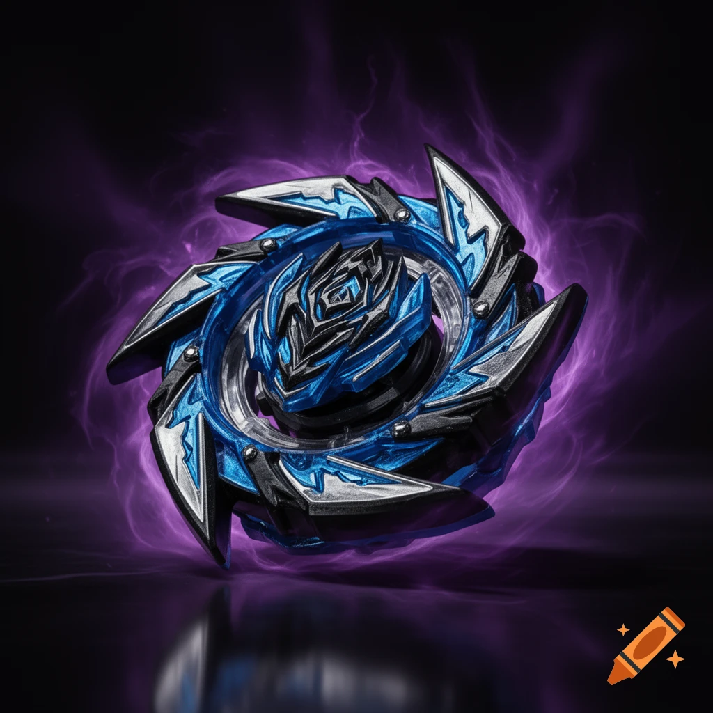 A blue and black Beyblade toy with six large attack blades, surrounded by a glowing purple, swirling aura on a dark background.