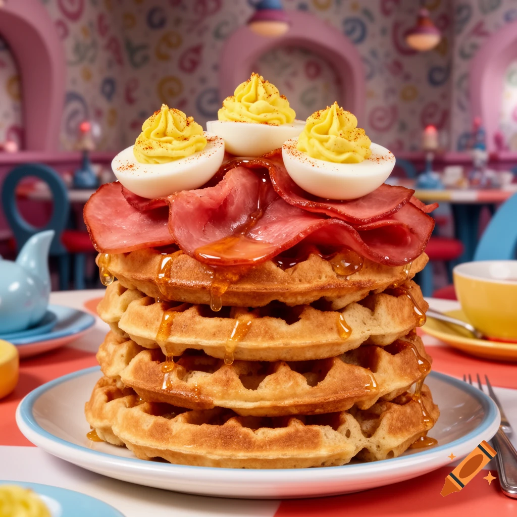 A towering stack of waffles, drizzled with syrup, topped with sliced ham and deviled eggs, set in a whimsical Dr. Seuss-style cafe.