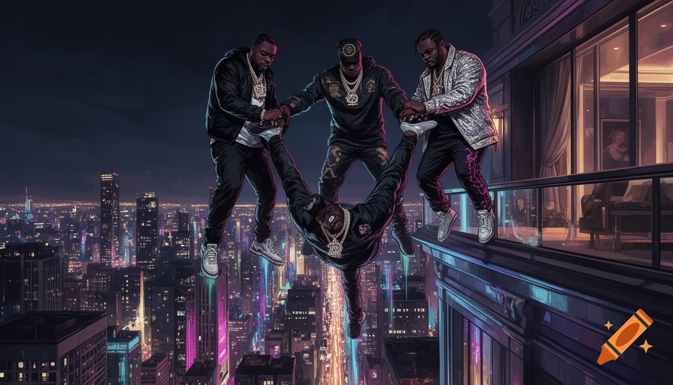 Three stylized hip-hop artists at night on a high-rise balcony, two holding another upside down over a neon-lit city skyline.