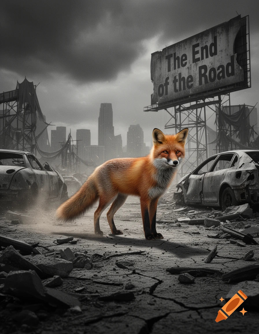A photorealistic red fox stands on cracked ground in a desolate, post-apocalyptic city with ruined cars and a billboard that reads "The End of the Road" under a stormy sky.