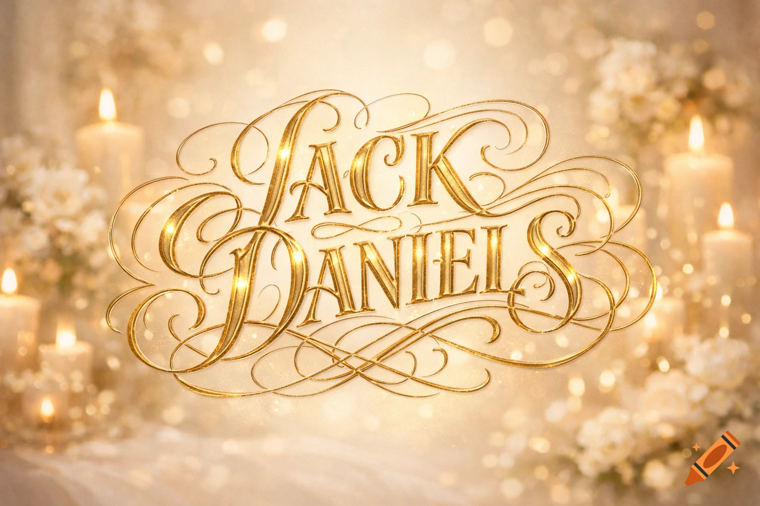 Golden calligraphic 'JACK DANIELS' text, set against a soft, glowing background of candles, white flowers, and sparkling bokeh.