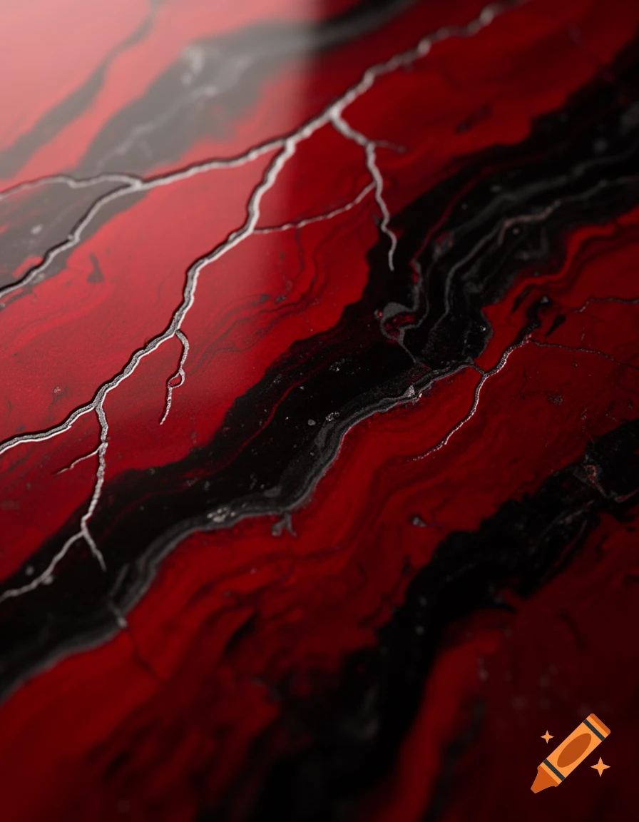 A close-up abstract pattern featuring deep red and black streaks with jagged silver lines.