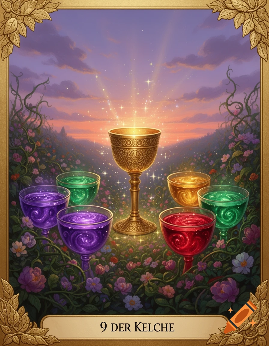 A magical tarot card featuring a golden glowing chalice surrounded by six smaller chalices with colorful liquid in a vibrant flower field at sunset, framed by ornate golden leaves.