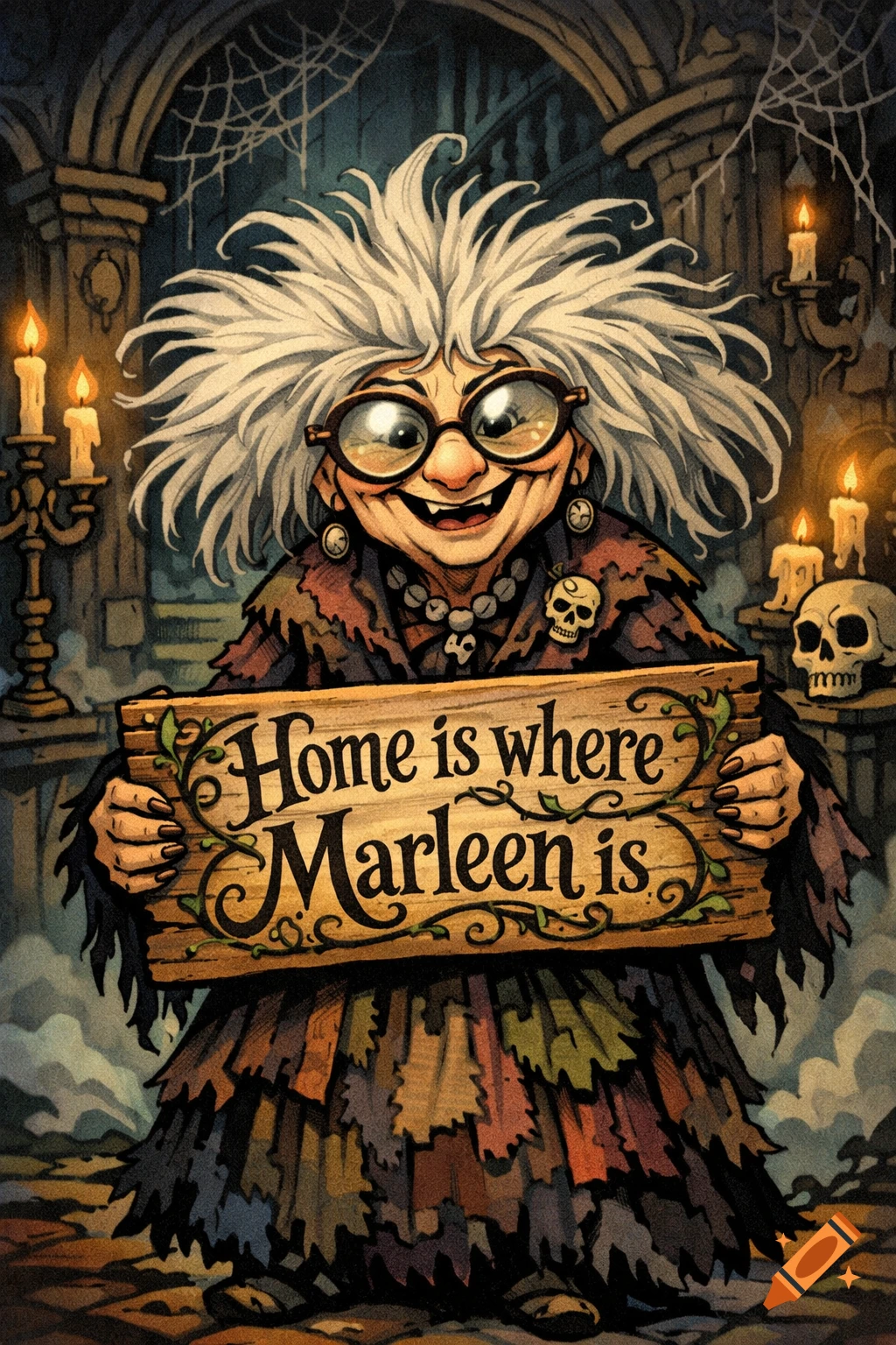 Cartoon of a smiling old witch with messy white hair and big glasses, holding a sign 'Home is where Marleen is' in a spooky setting.