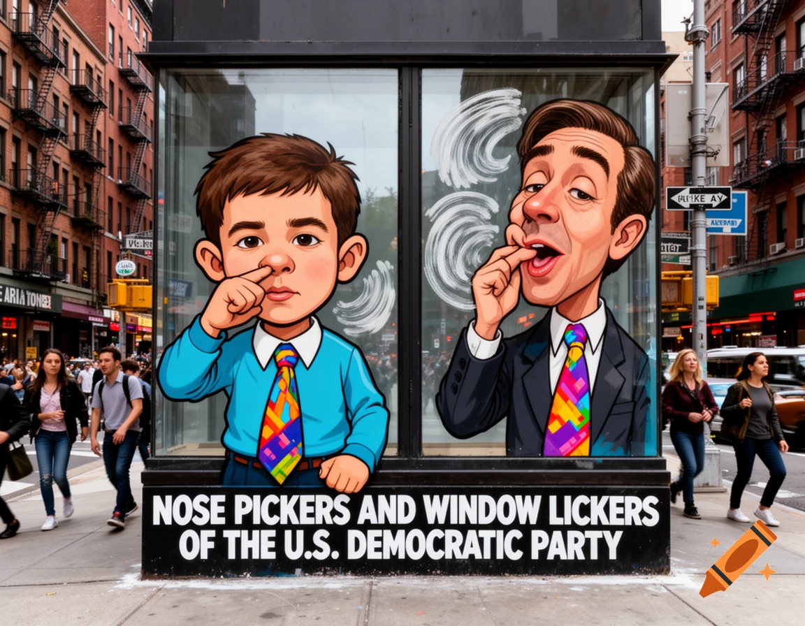 Political caricature of a boy picking his nose and a man licking a window on a street sign, with text about the U.S. Democratic Party.
