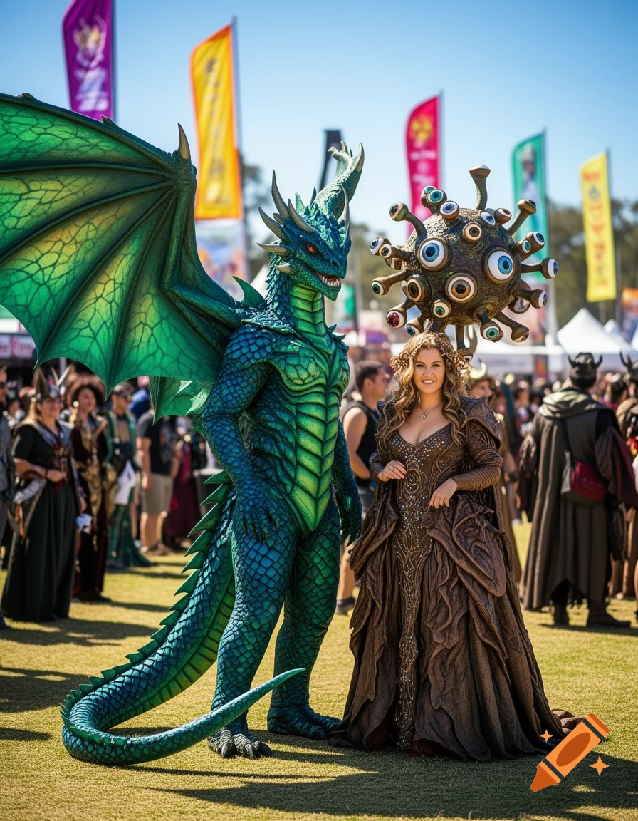 A person in a detailed green dragon costume and a woman in a brown gown with an eyestalk beholder headpiece stand at a sunny outdoor festival.