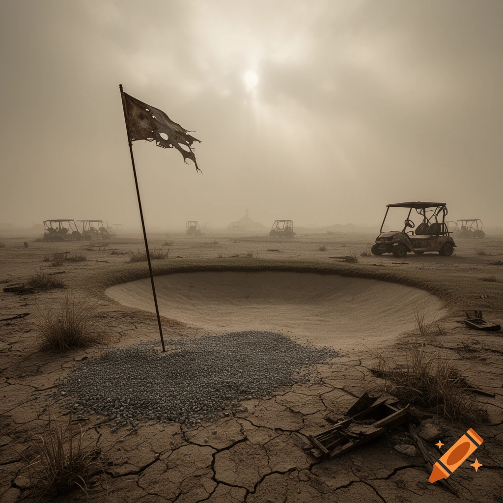 A desolate, post-apocalyptic golf course with a tattered flag, cracked earth, and rusty golf carts under a hazy sky.