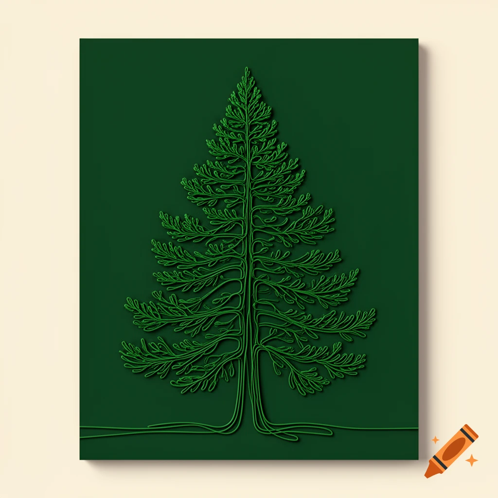 Minimalist green line art of a fir tree on a dark green background.