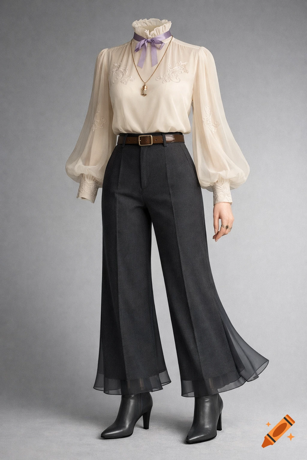 A cream chiffon blouse with puff sleeves, dark gray wide-leg trousers with sheer hems, a brown belt, a lavender ribbon choker, and gray ankle boots on a headless figure.