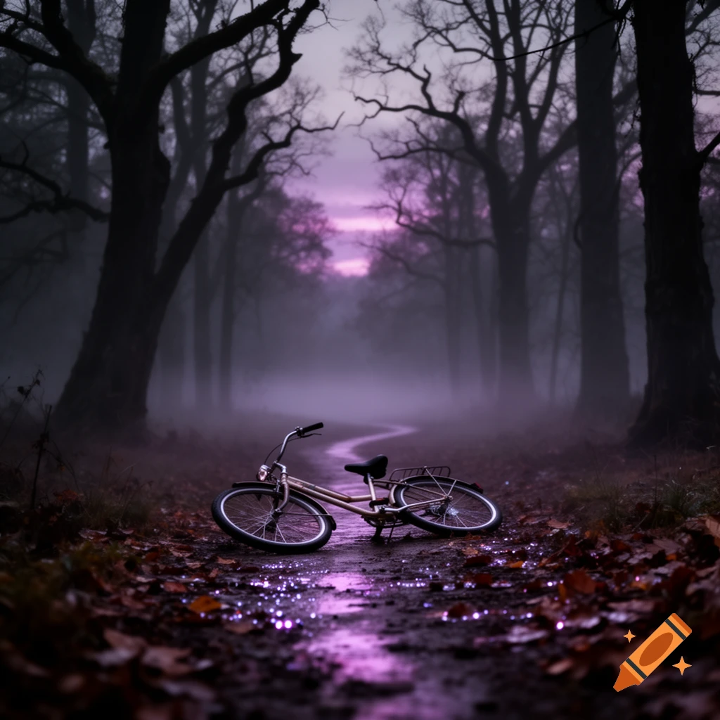 A vintage bicycle lies on a wet, leaf-strewn path in a dark, misty forest, illuminated by a purple glow in the distance.