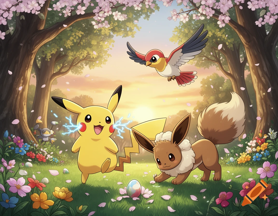 Pikachu, Eevee, and a bird Pokémon on an Easter egg hunt in a vibrant spring forest with cherry blossoms and colorful flowers.