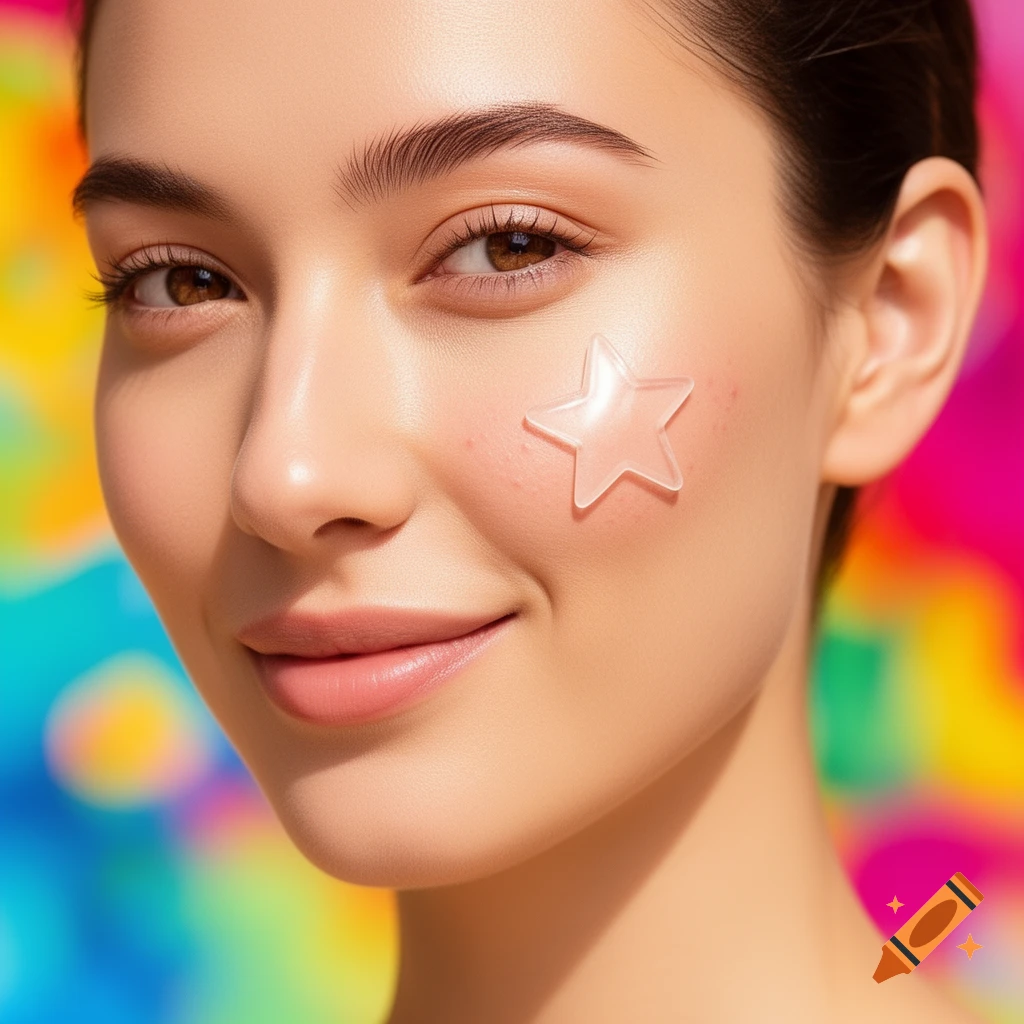 A close-up portrait of a woman smiling, with a clear star-shaped pimple patch on her cheek, against a bright, colorful background.