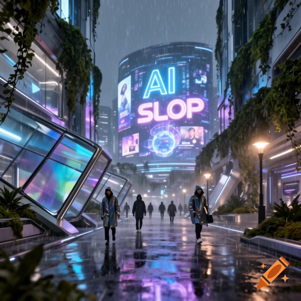 Rainy futuristic city street with neon signs, including 'AI SLOP', reflecting on wet pavement as people walk.