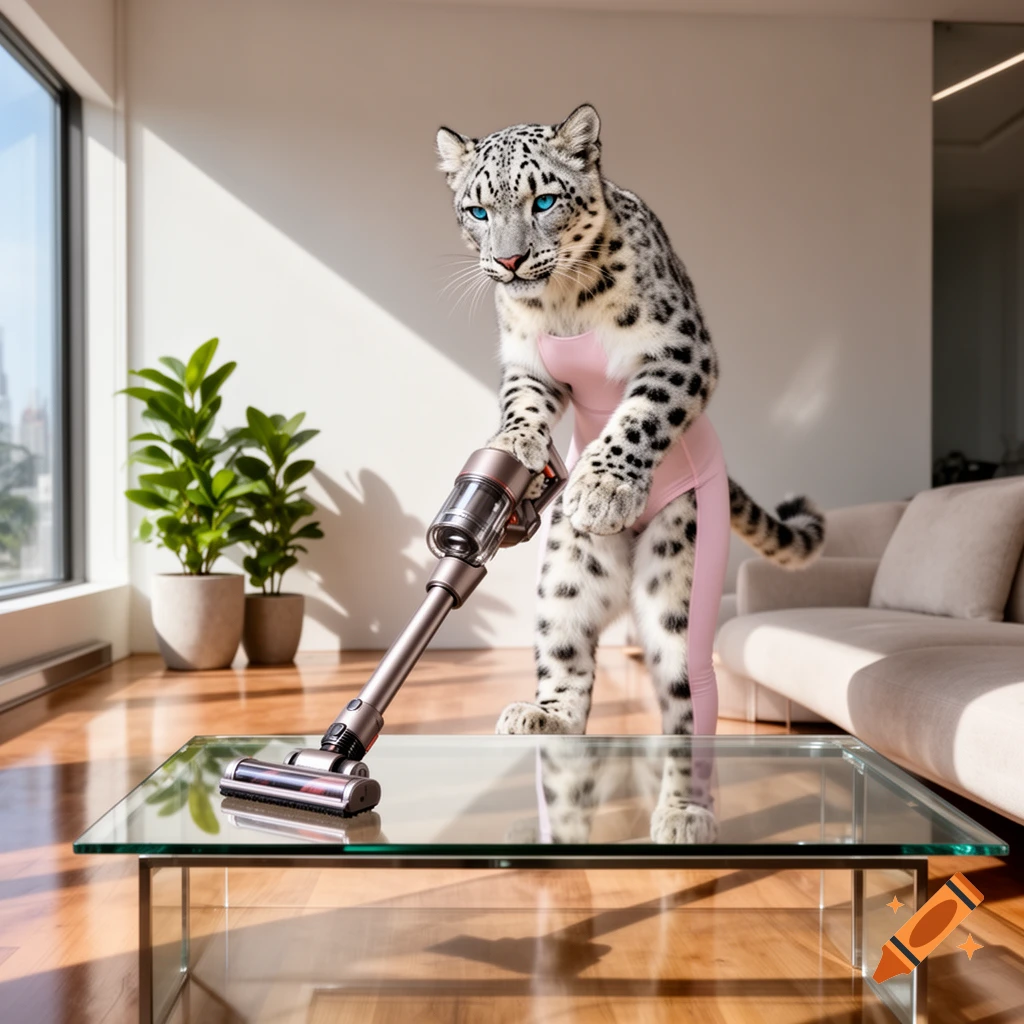 A photorealistic anthropomorphic snow leopard in a pink athletic suit vacuums a glass table in a modern, sunny living room.