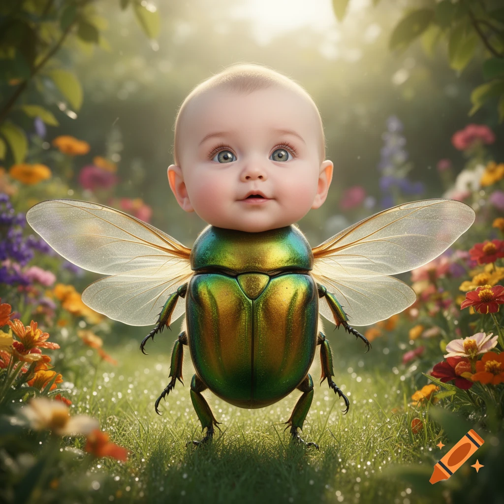 A cute baby's head on a shiny green beetle's body with clear wings, standing in a lush garden with colorful flowers.