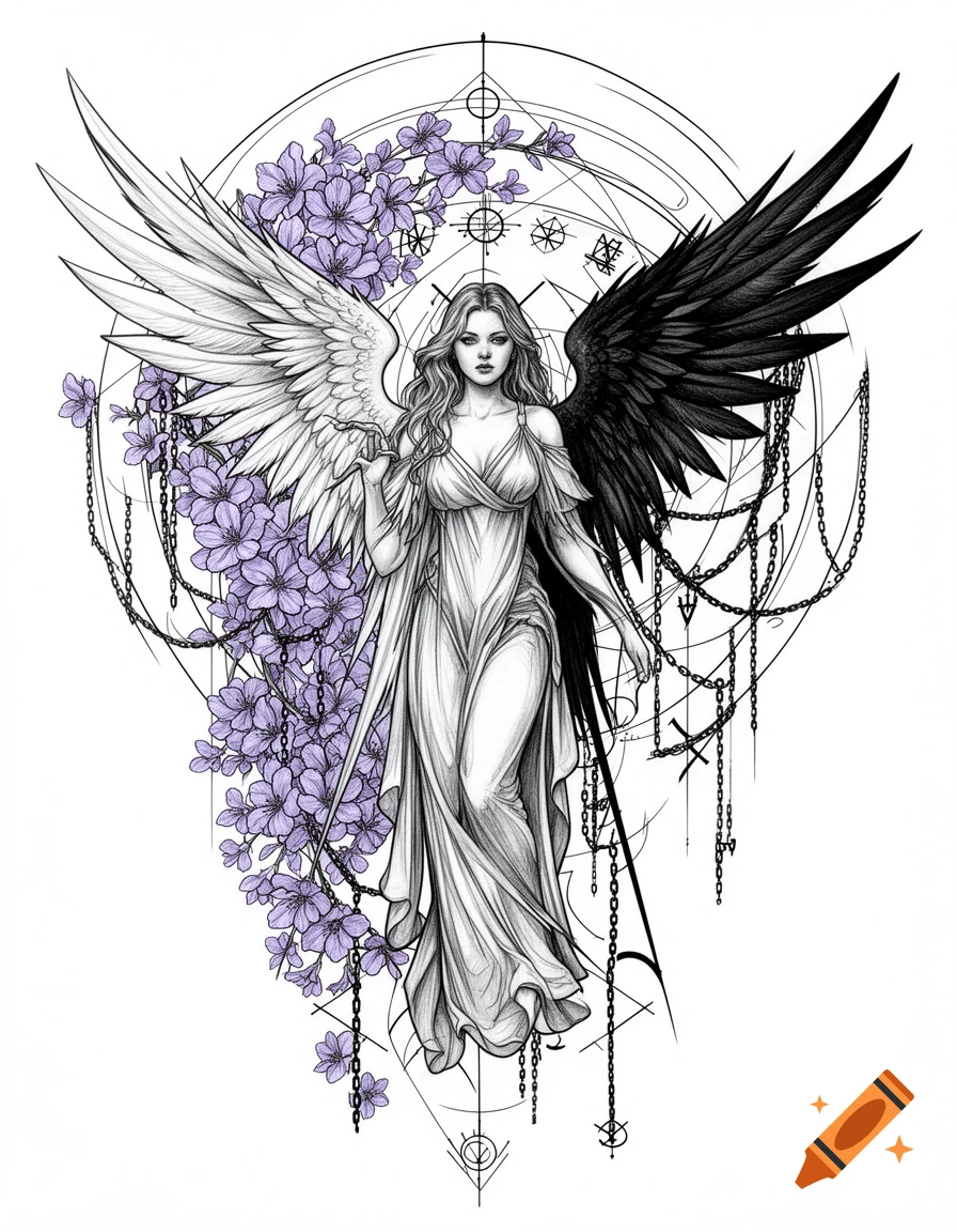 Detailed line art of a female angel with asymmetrical white and black wings, surrounded by lavender flowers, chains, and geometric lines.