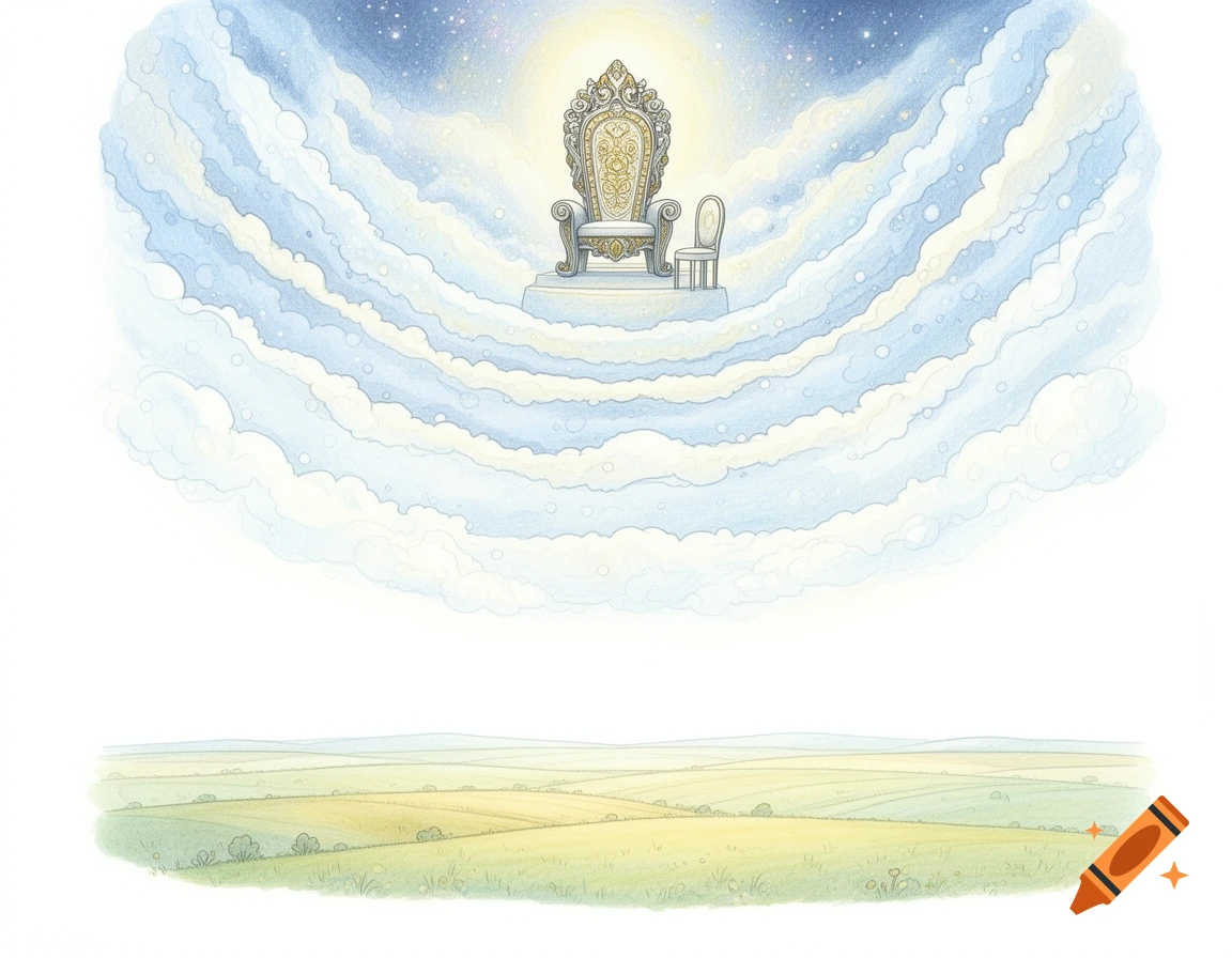 A golden throne and a small white chair rest on clouds in a starry sky above a rolling green landscape, in a children's watercolor style.