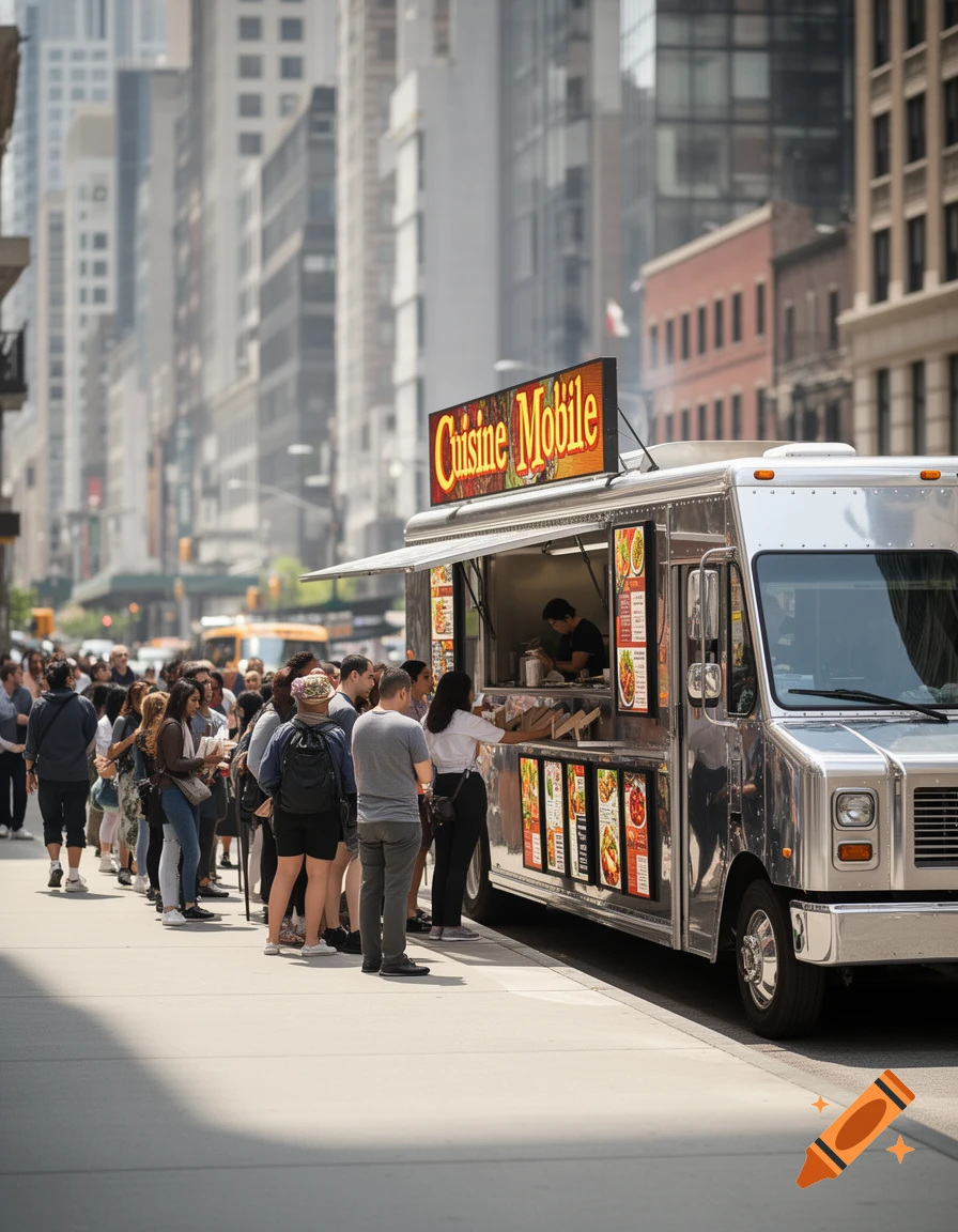 A crowd of people queues at a 'Cuisine Mobile' food truck on a busy city street with tall buildings in the background.