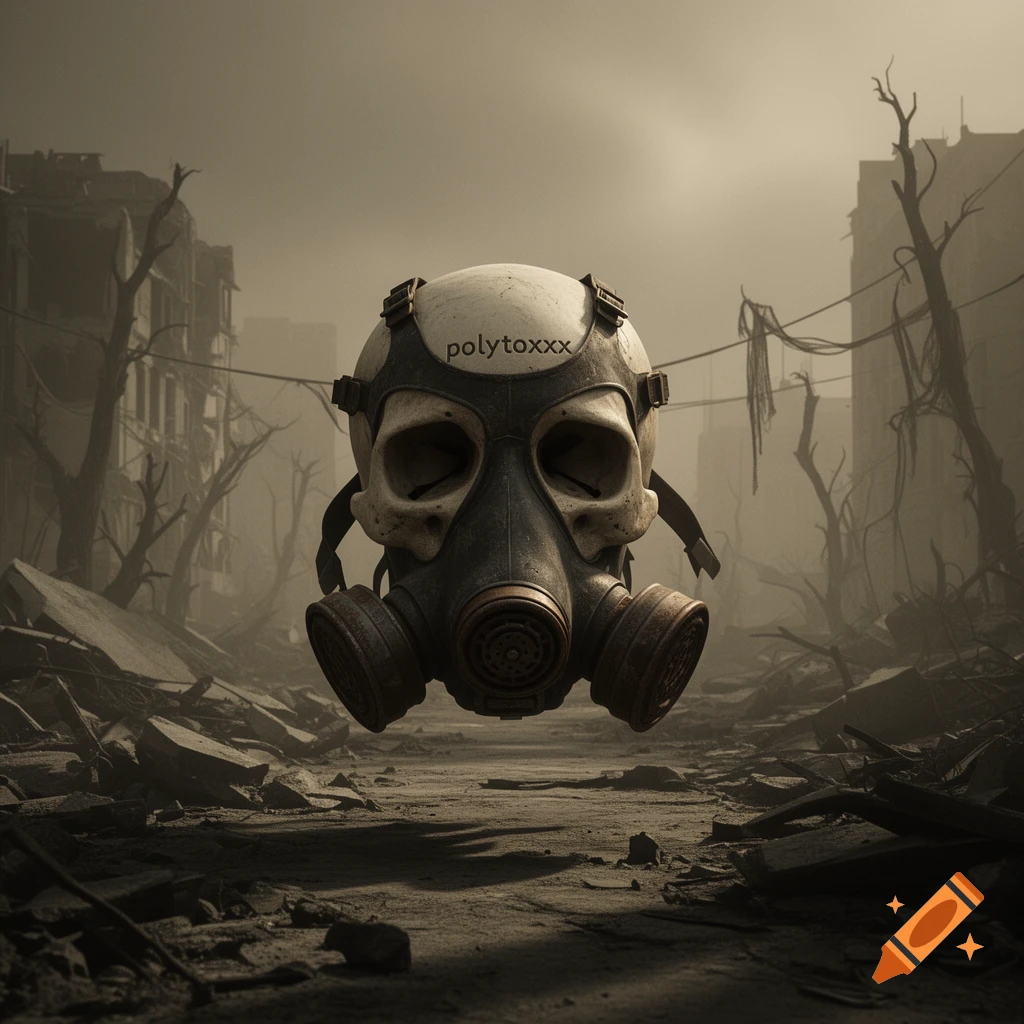A skull in a gas mask with "polytoxxx" on its forehead floats above rubble in a bleak, post-apocalyptic city under a hazy sky.
