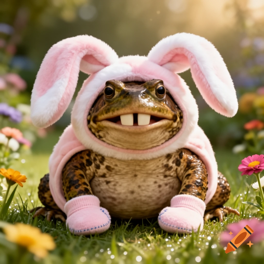 A toad with big front teeth wears a fluffy pink bunny costume and booties while sitting in a field of colorful flowers.