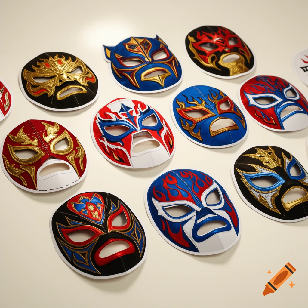 A collection of colorful Lucha Libre wrestling masks, featuring various designs in red, blue, black, and gold, arranged on a white surface.