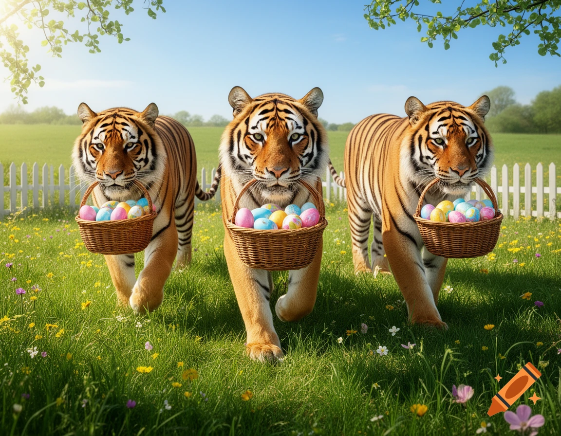 Three photorealistic tigers walk through a sunny spring meadow, each carrying a basket of colorful Easter eggs in its mouth.
