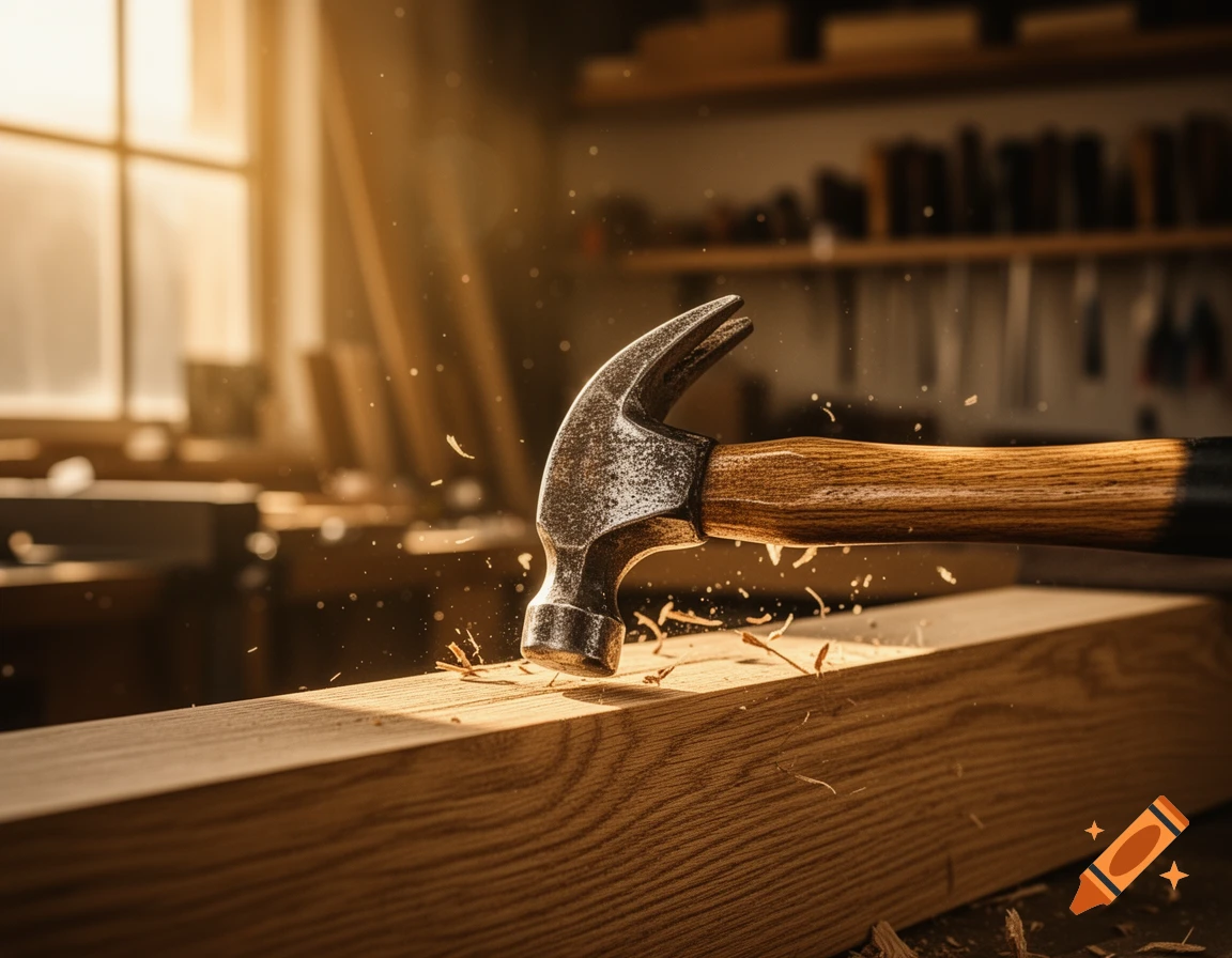 A photorealistic close-up of a claw hammer striking a wooden plank in a sunlit workshop, sending wood shavings into the air.
