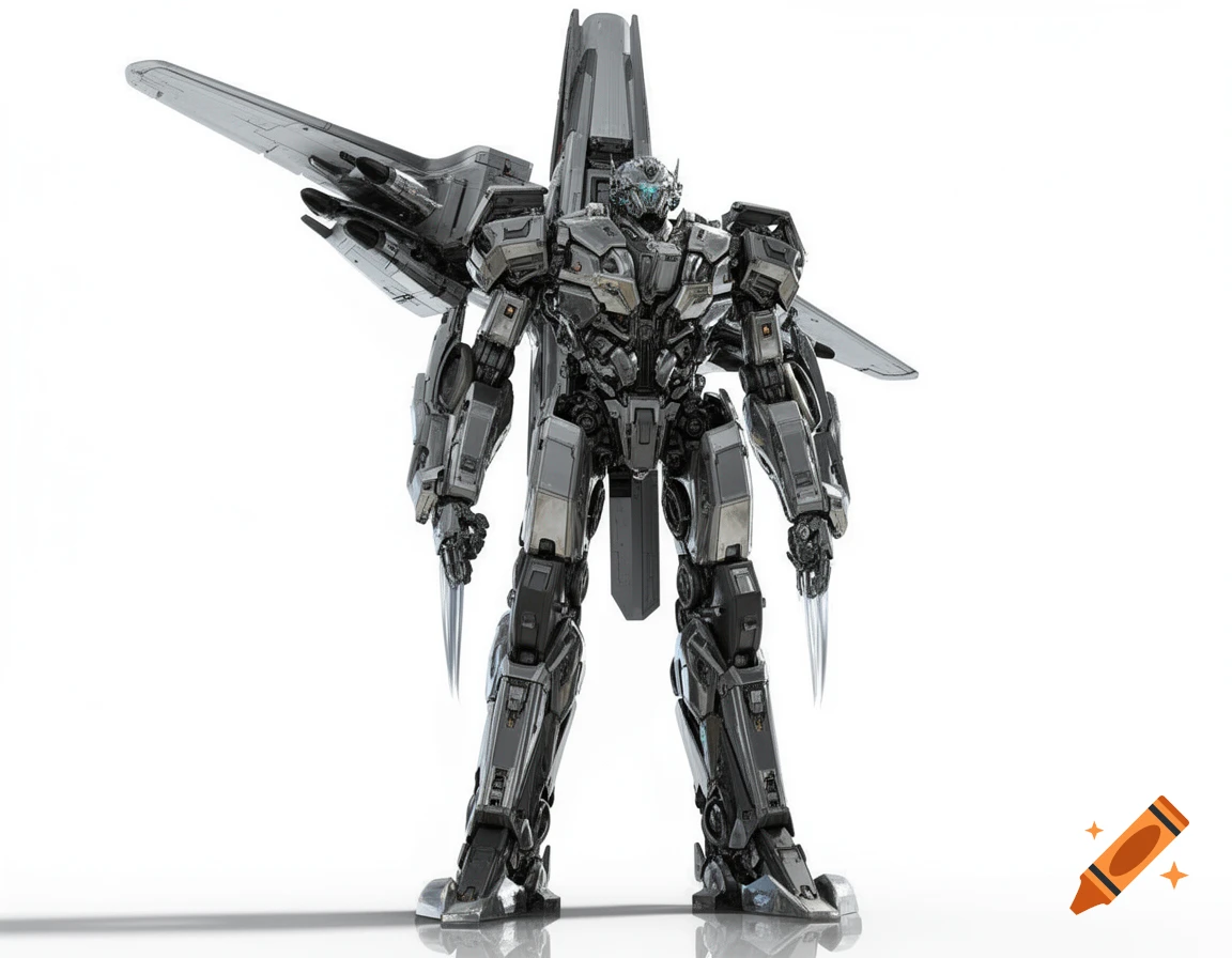 A highly detailed, grey and silver giant robot with knives for hands and a large jetpack on its back, standing against a white background.