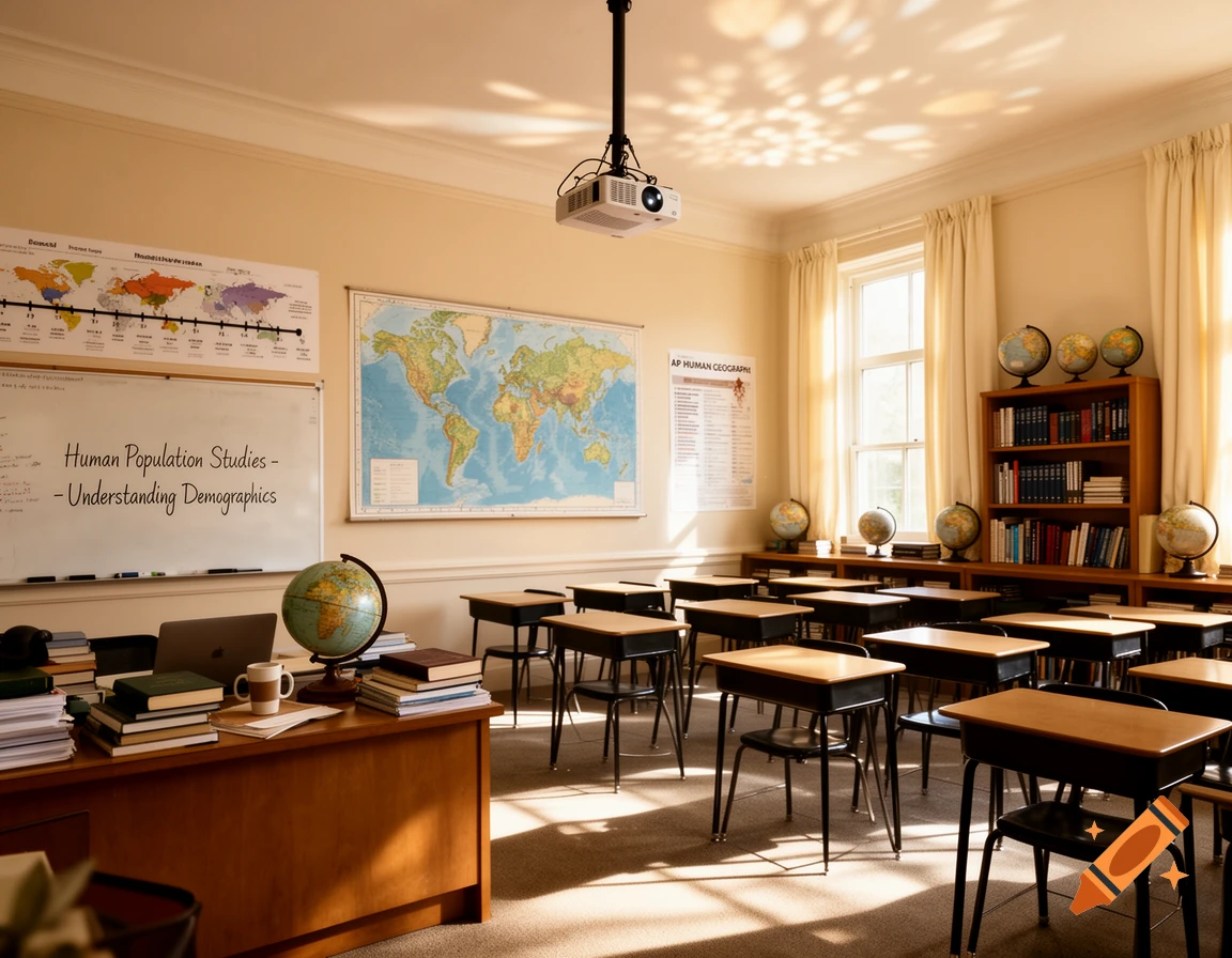 A sunlit human geography classroom with empty desks, a whiteboard, world maps, globes, and bookshelves filled with books.