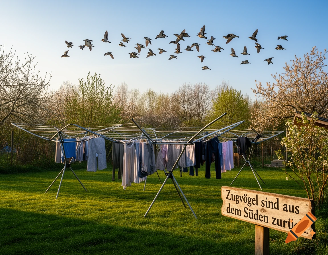 Laundry drying on a clothesline in a sunny green yard under a blue sky, with birds flying and a sign 'Zugvögel sind aus dem Süden zurück'.
