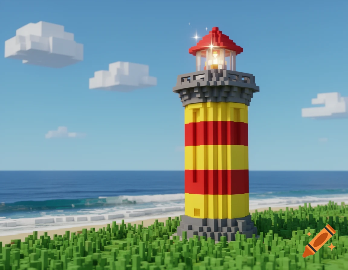 Voxel art of a red and yellow striped lighthouse on a grassy coast beside a blue ocean under a clear sky with blocky clouds.