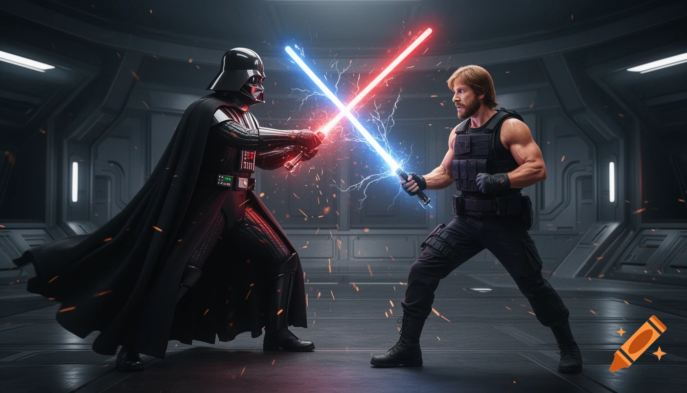 Darth Vader and Chuck Norris battle with red and blue lightsabers in a futuristic grey hallway, photorealistic.