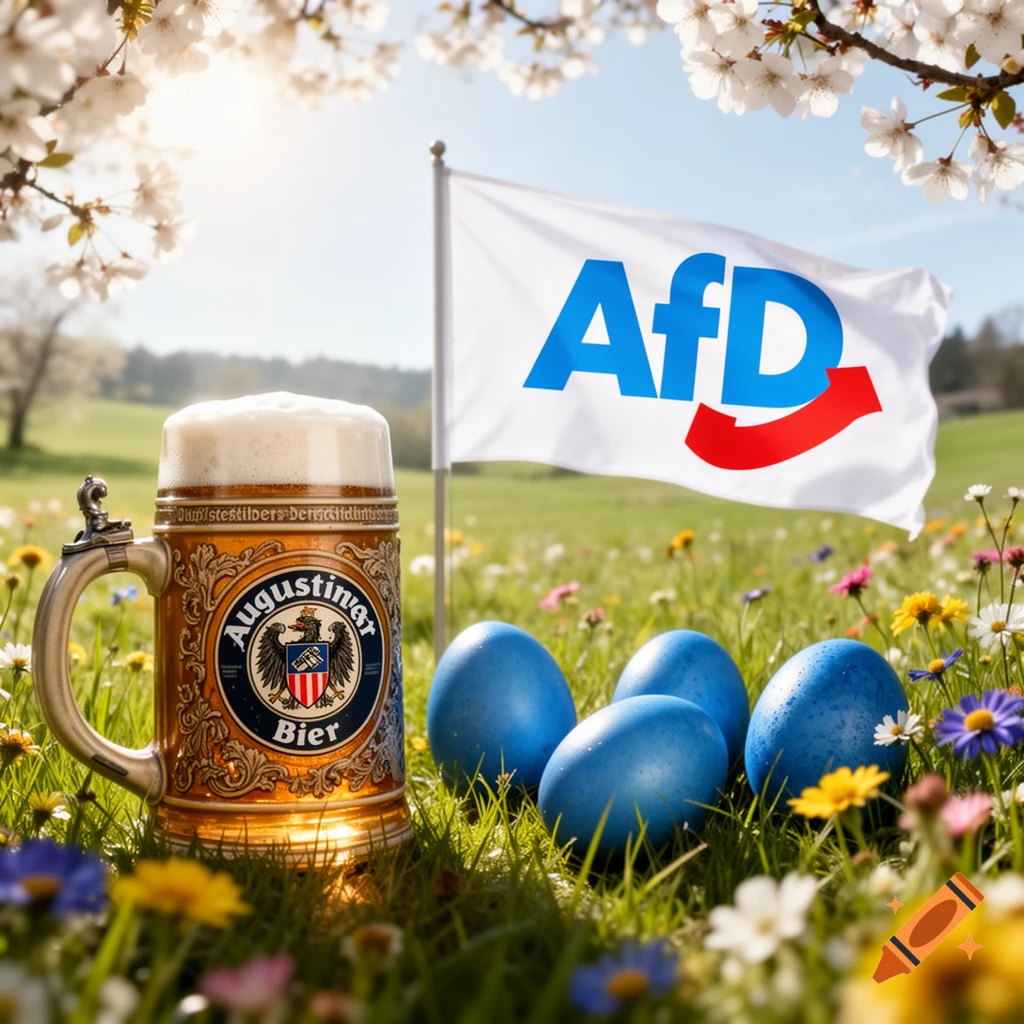 A beer stein and blue Easter eggs sit in a sunny field of wildflowers with a white flag displaying the blue and red AfD logo in the background.