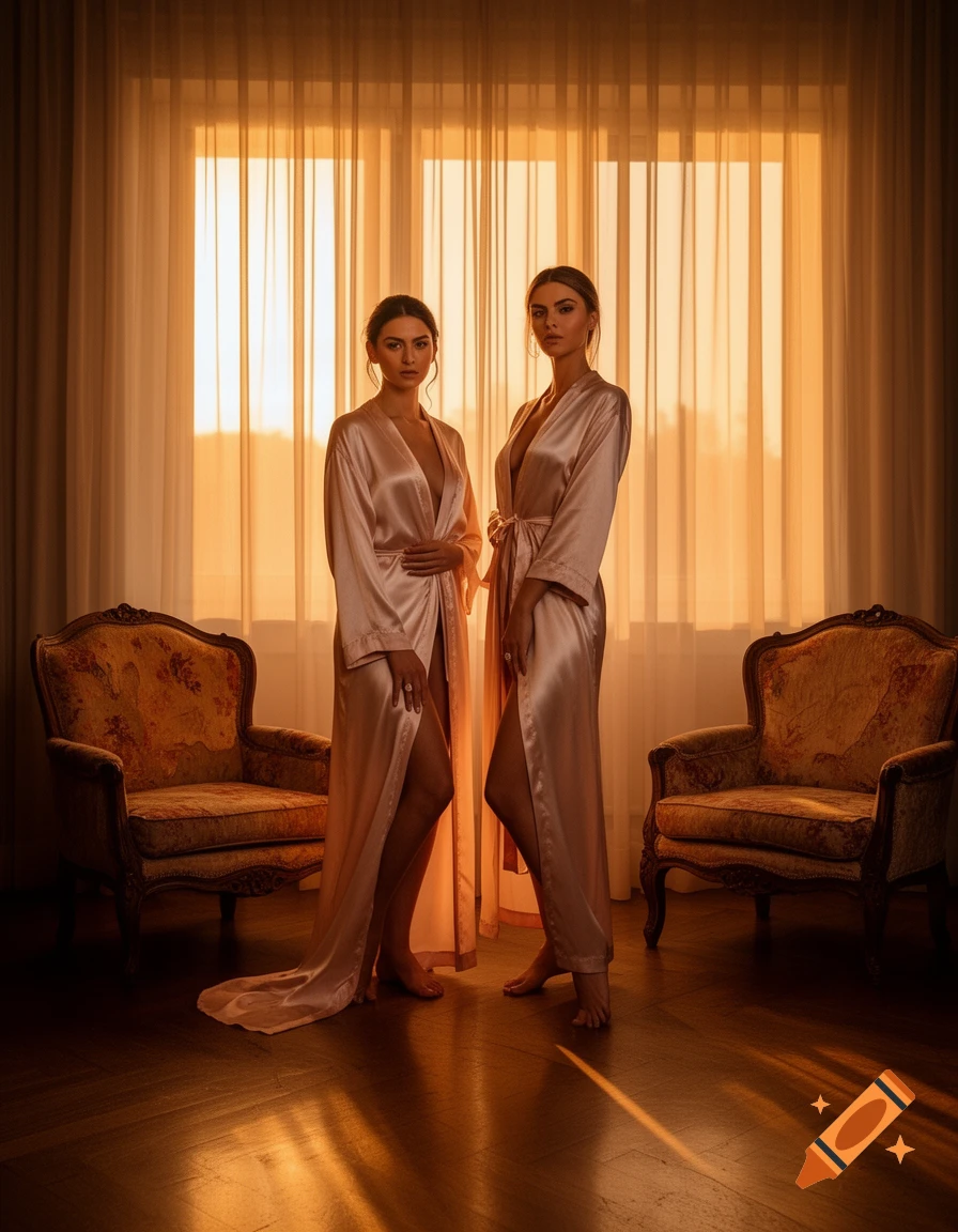 Two women in silk robes pose in a luxurious apartment, bathed in golden ...