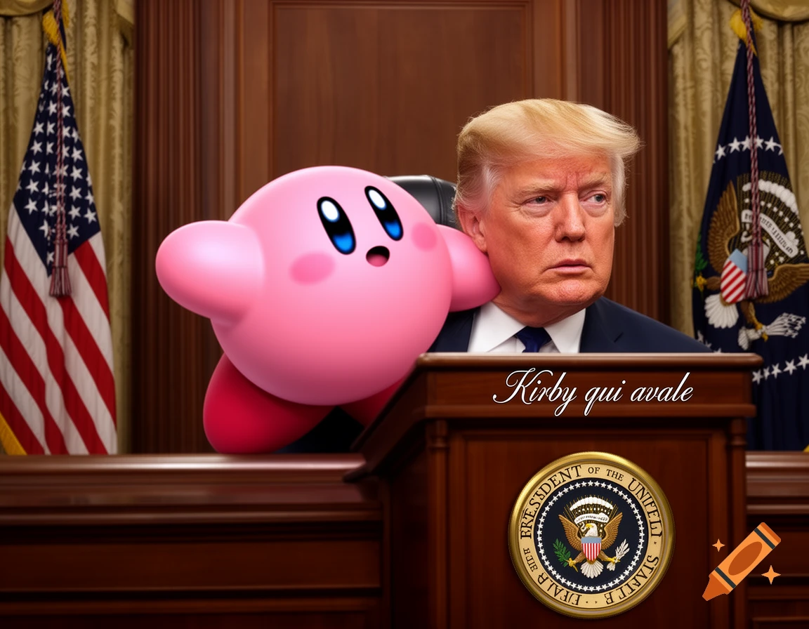 Pink cartoon character Kirby next to Donald Trump at a wooden podium in a formal office with US flags.