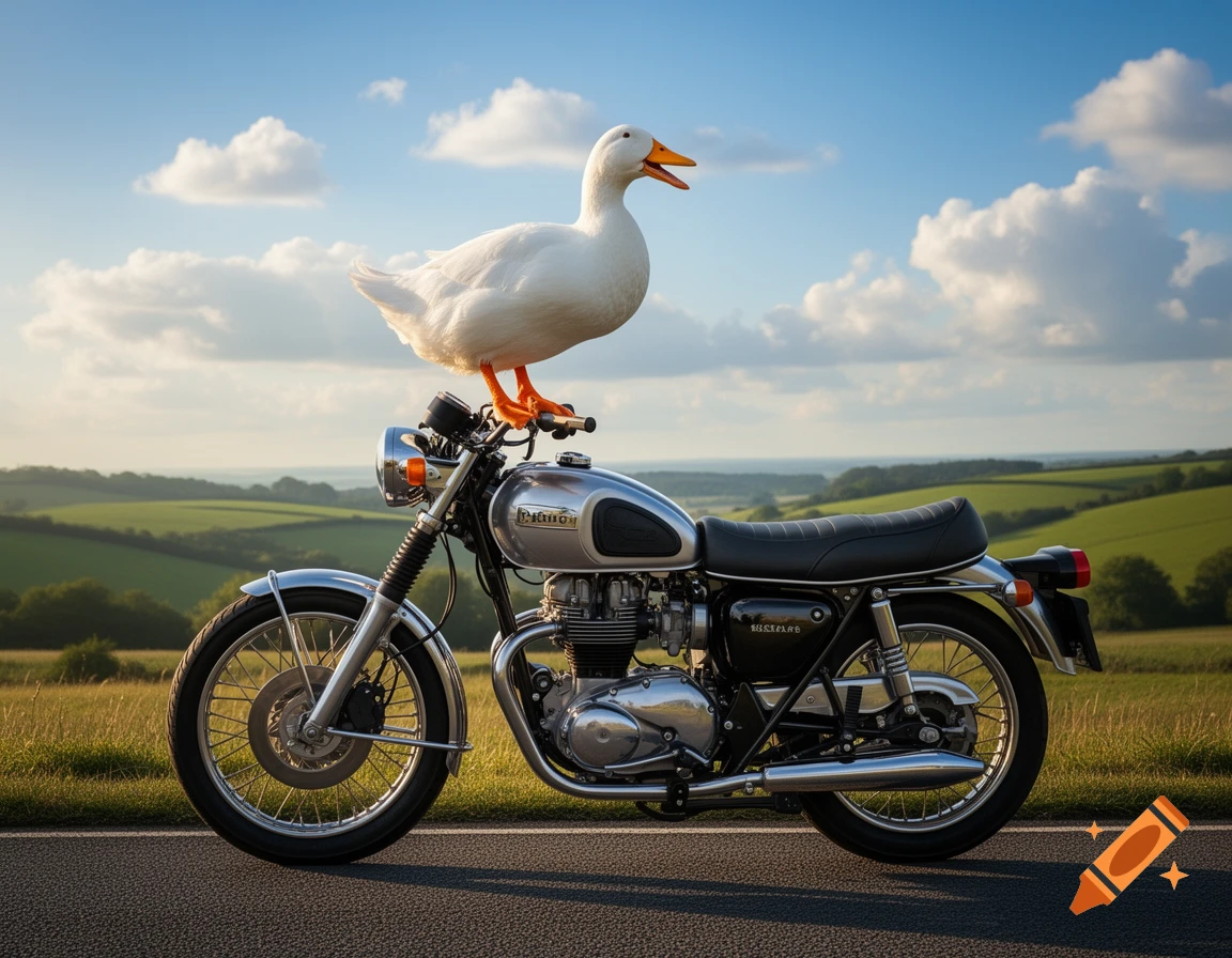 A large white duck stands on a classic silver motorcycle parked on an asphalt road, with rolling green hills and a blue sky with clouds in the background.