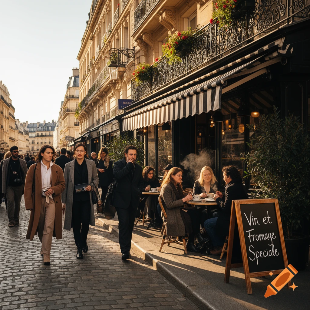 A photorealistic image of a bustling European city street with people walking and dining at an outdoor cafe.